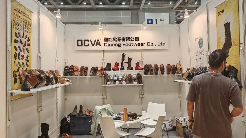 OCVA shoes and boots displayed at the Qineng Footwear booth at FaW TOKYO 2026