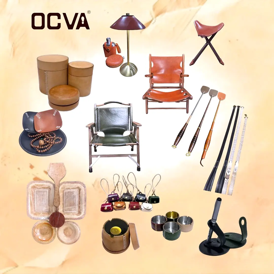 OCVA original accessories reference board with leather objects, furniture and lifestyle items