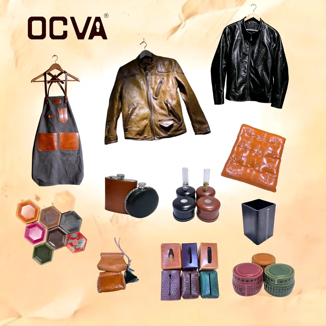 OCVA original accessories reference board with leather apparel, bags and small goods
