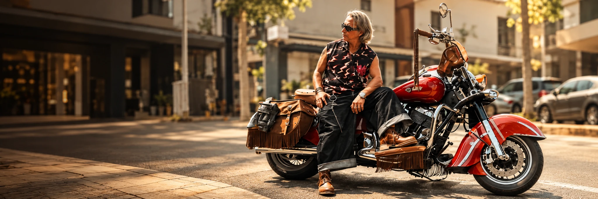 Rider wearing brown leather boots on a red motorcycle on a sunlit street