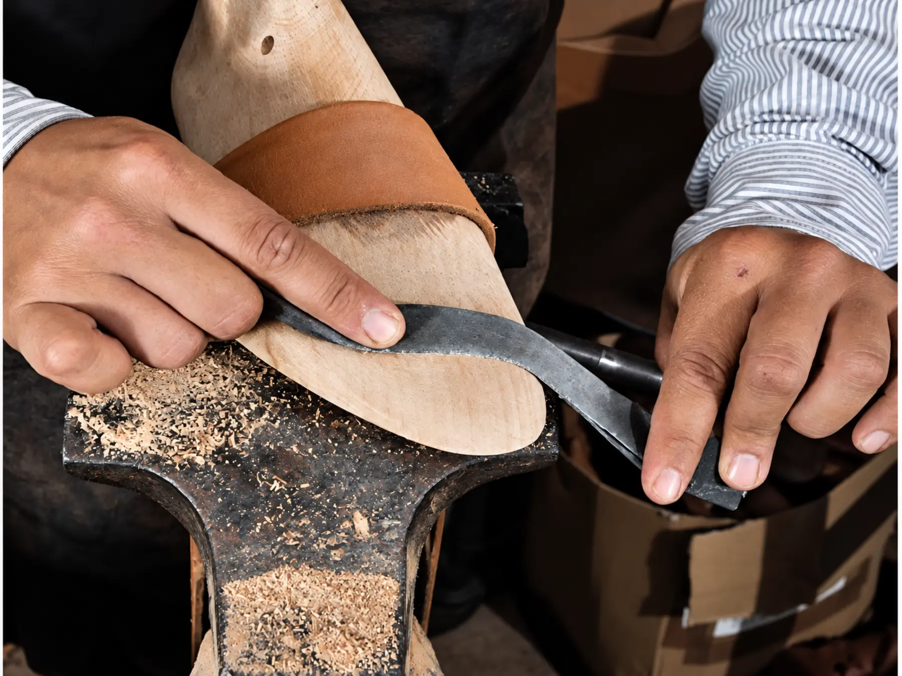 Qineng craftsperson working a leather footwear component by hand
